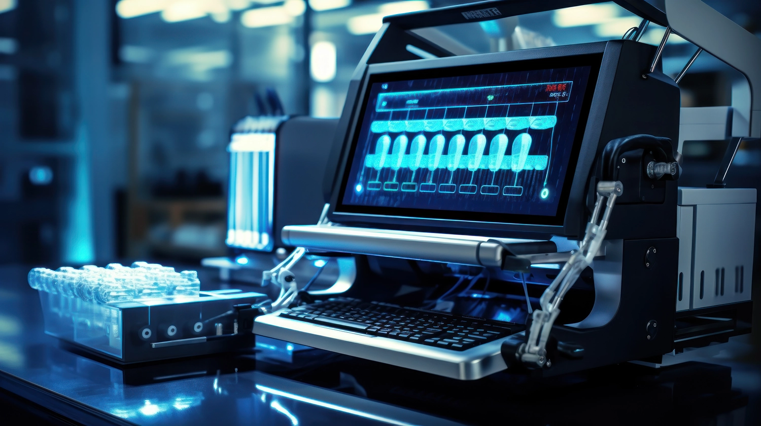 PCR-Test – DSDomainservice – Medizinische Laborgeräte: Beschriftetes Diagramm eines Geräts zur Polymerase-Kettenreaktion (PCR).
