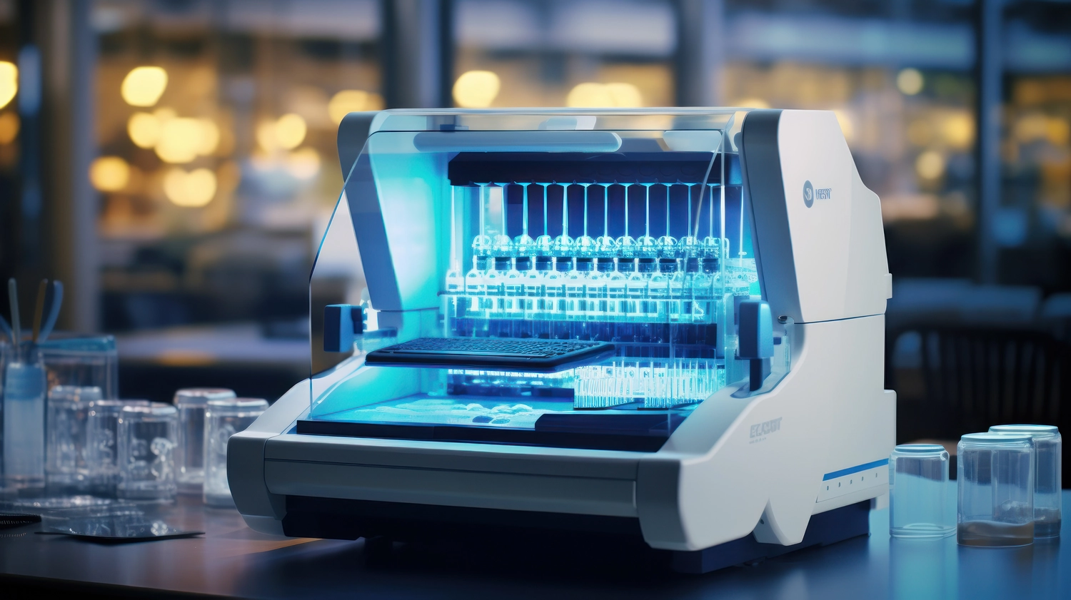 PCR-Test – Gerätehersteller – Medizinische Laborgeräte: Beschriftetes Diagramm eines Geräts zur Polymerase-Kettenreaktion (PCR).